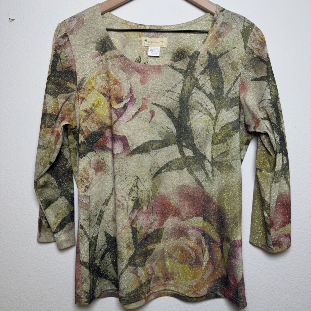 Impulse California Women Top Large Floral Sparkle 3/4 Sleeve Artsy Made in USA